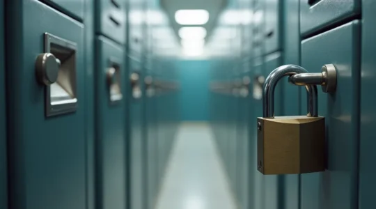 Photographie réaliste d'un cadenas robuste fixé sur un casier métallique dans un vestiaire épuré, éclairage cinématographique naturel avec un flou d'arrière-plan