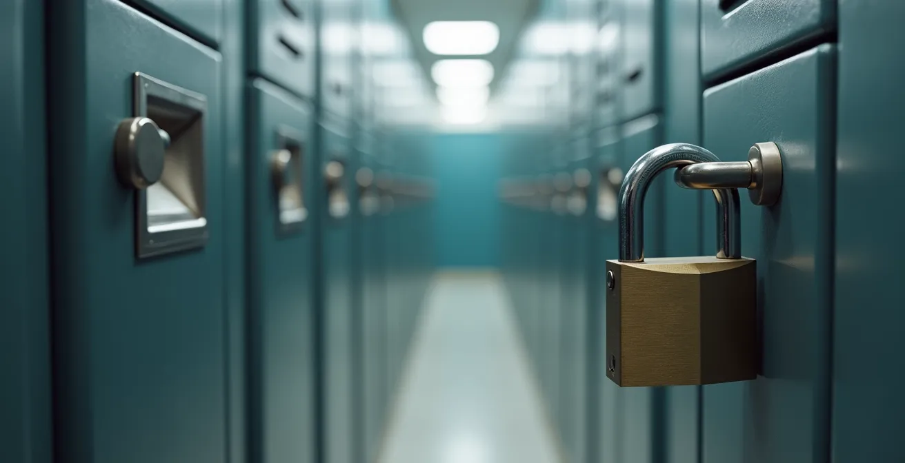 Photographie réaliste d'un cadenas robuste fixé sur un casier métallique dans un vestiaire épuré, éclairage cinématographique naturel avec un flou d'arrière-plan