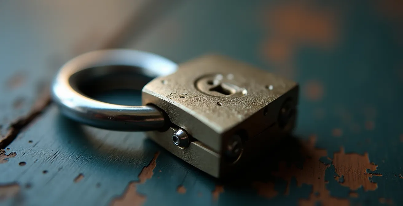 Photographie macro d'un mécanisme de double verrouillage d'un cadenas en acier avec textures fines et mise au point nette