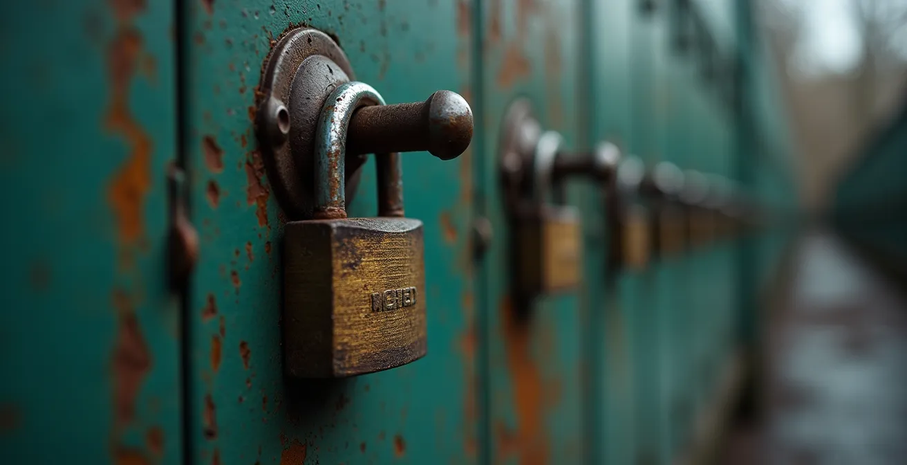 Photographie macro d'un cadenas métallique attaché à un casier usé montrant textures et corrosion légère dans un environnement humide