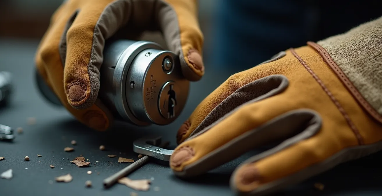 Gros plan macro sur les mains d'un serrurier portant des gants de protection en train de manipuler une serrure de précision