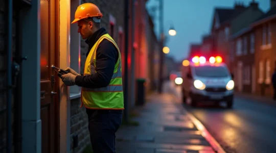 Serrurier dépanneur en intervention nocturne avec tenue de haute visibilité et équipements de sécurité normalisés