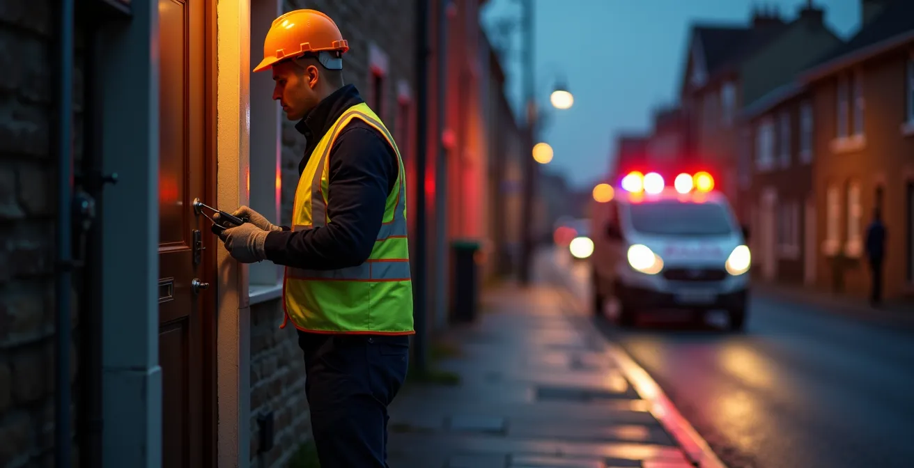 Serrurier dépanneur en intervention nocturne avec tenue de haute visibilité et équipements de sécurité normalisés
