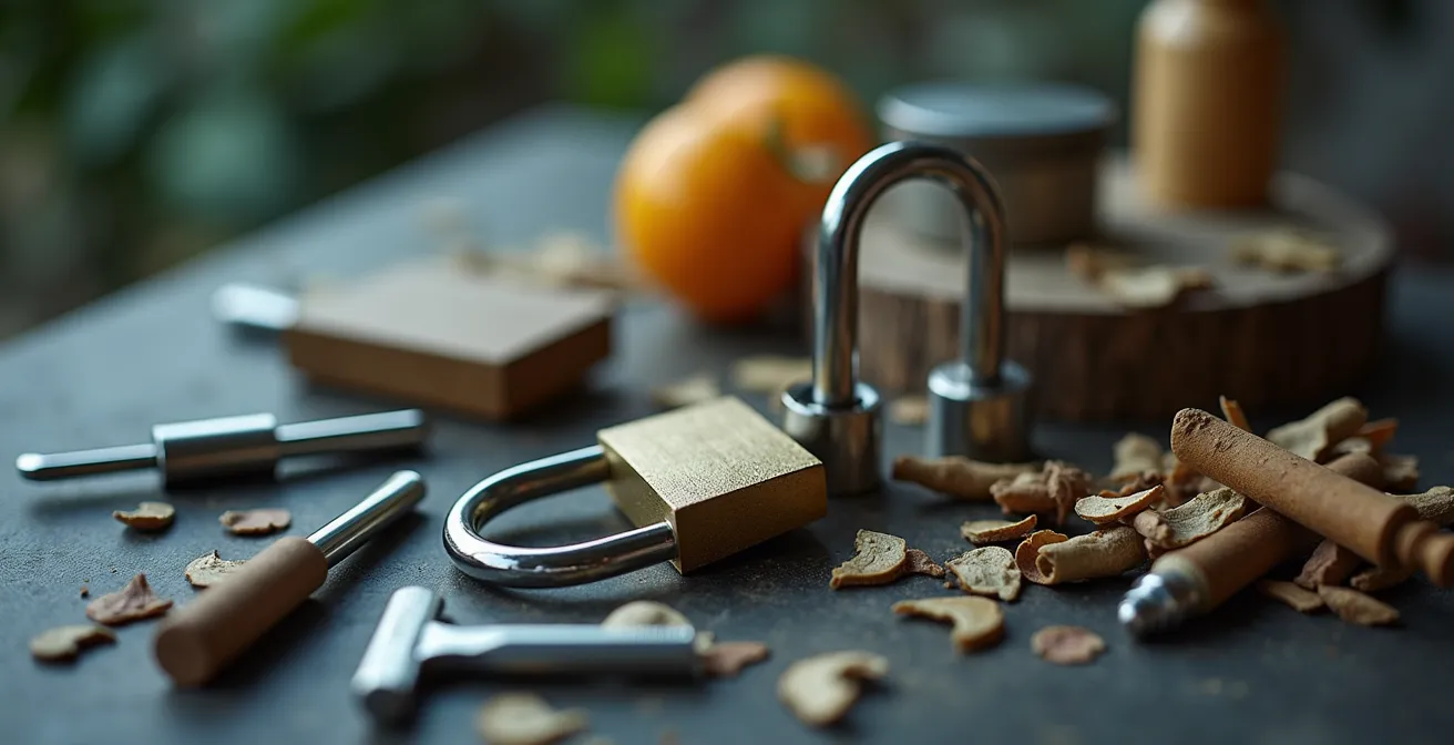 Composition photographique représentative d'outils et textures abstraites évoquant entretien et lubrification sans éléments lisibles