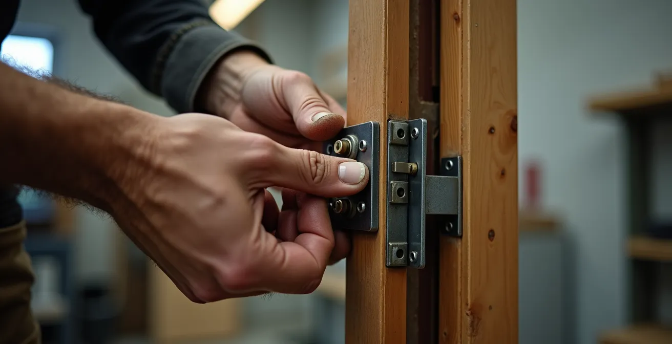 Mains d'un artisan installant une cornière anti-pince sur une porte d'entrée