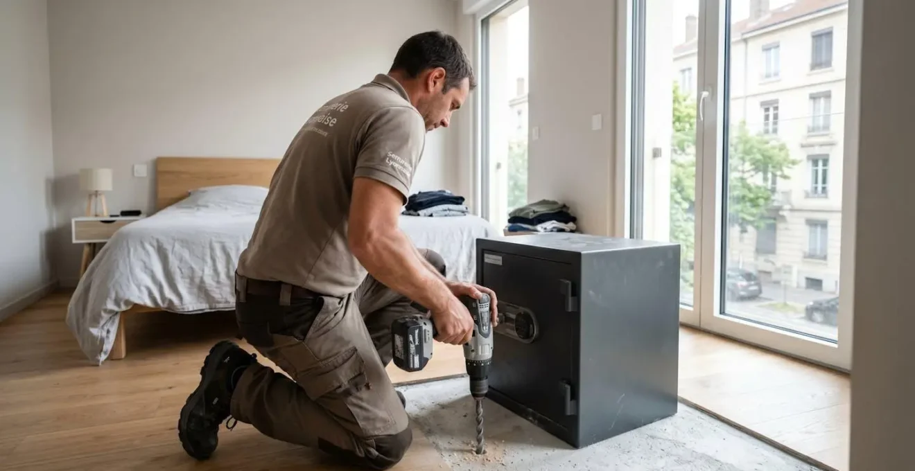 Artisan serrurier de dos en train de visser un coffre-fort au sol dans une chambre contemporaine lumineuse