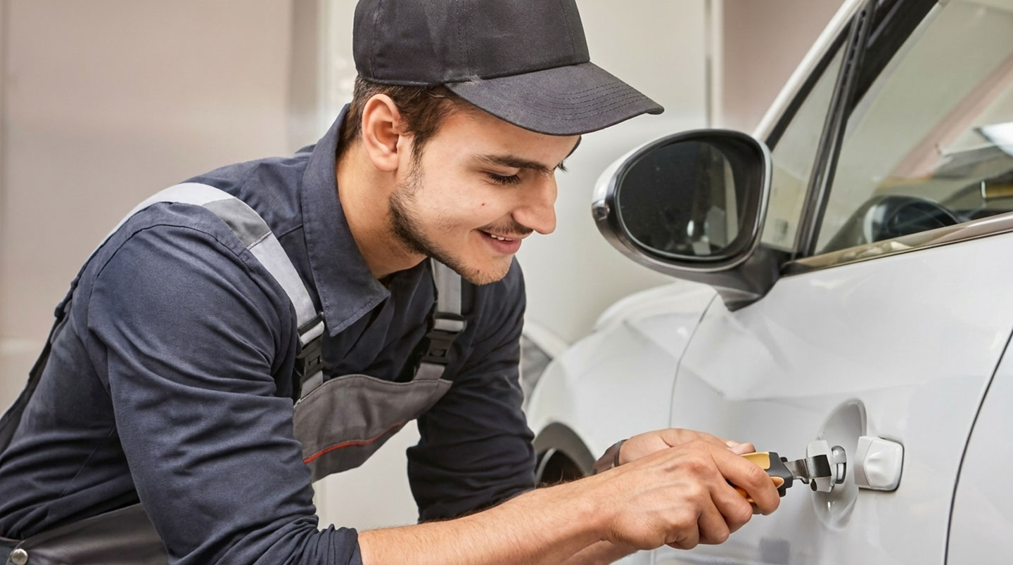 Technicien serrurier automobile équipé travaillant sur une serrure de voiture dans une rue résidentielle