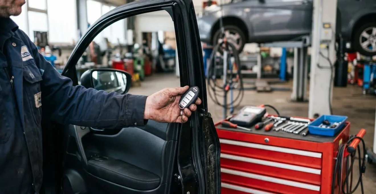 Gros plan sur les mains d'un technicien tenant une clé de voiture électronique devant un véhicule ouvert