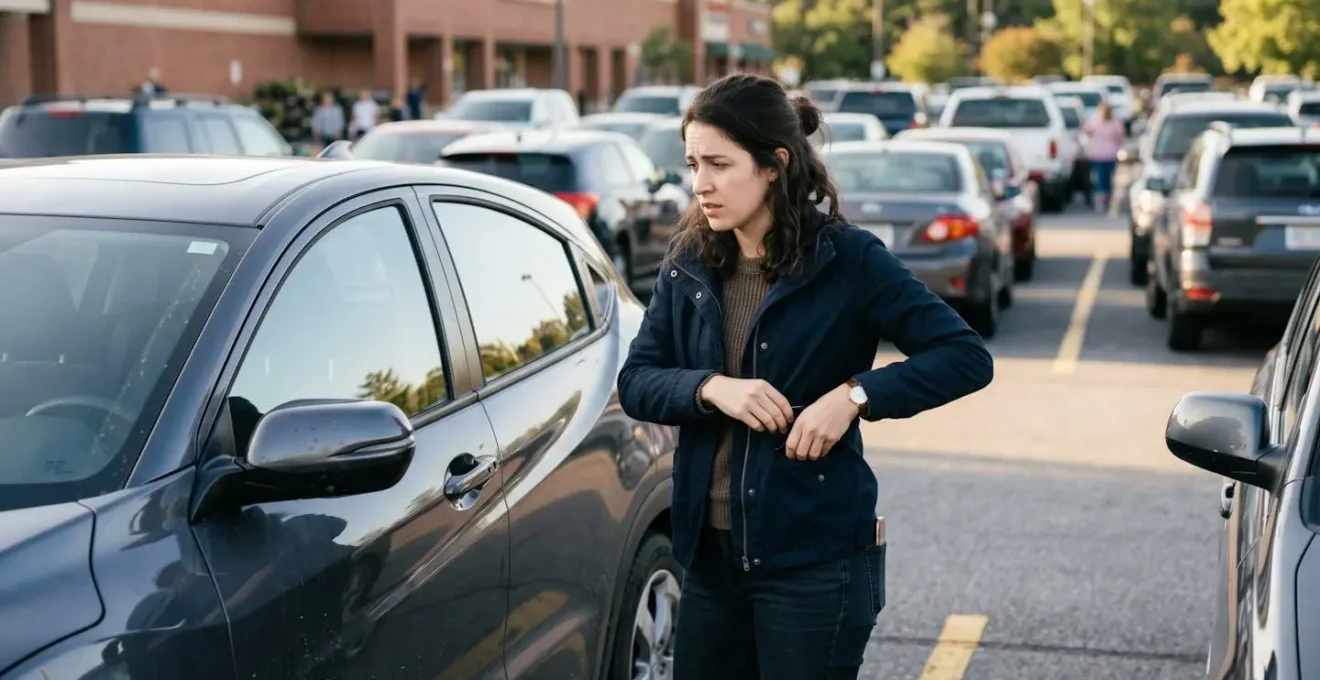 Propriétaire de voiture debout devant son véhicule fermé sur un parking, les poches vides, visage concentré