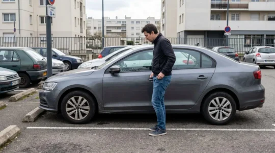 Propriétaire de voiture debout devant son véhicule fermé sur un parking, les poches vides, visage concentré
