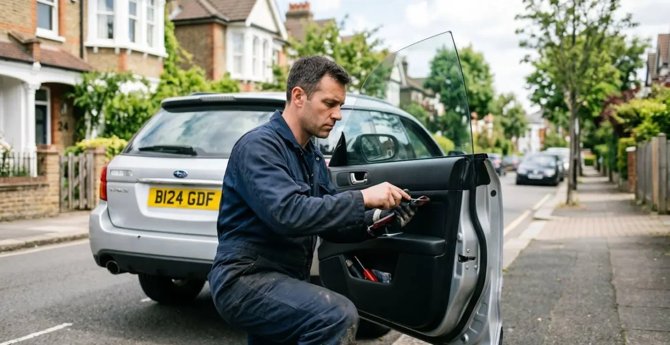 Technicien serrurier automobile équipé travaillant sur une serrure de voiture dans une rue résidentielle